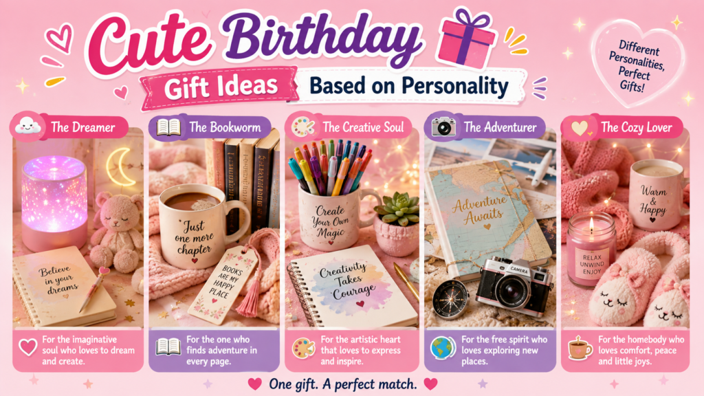Collage of birthday gift ideas for sentimental, practical and creative personalities