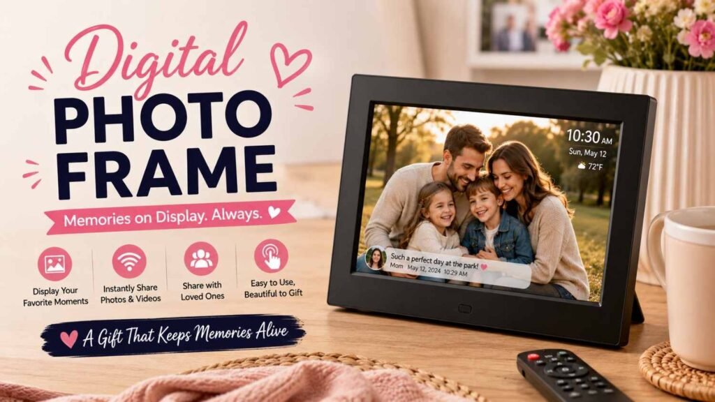 Digital photo frame displaying family pictures and memorable moments